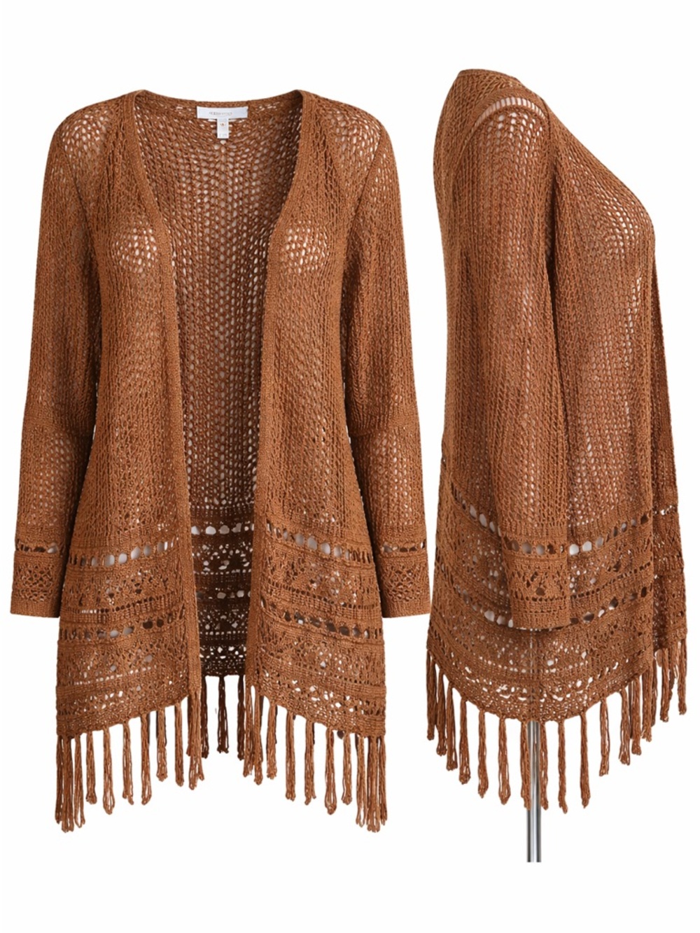 NWT Boho Coastal Festival Crochet Fringe Tunic cardigan - Brown - XL
